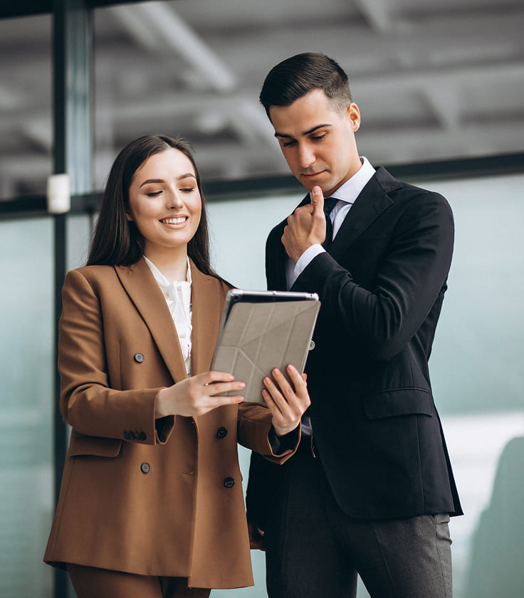 male female business people working tablet office